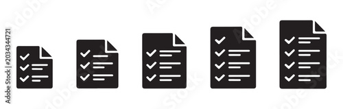 Tableau sur toile Document size variation icons showing file growth and progress with check marks on black paper sheets