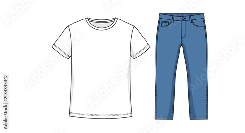 A minimalist depiction of everyday casual clothing, featuring a clean white t-shirt and a pair of classic blue denim jeans, presented as a simple, isolated composition on a white background.