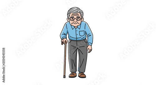 An elderly gentleman with glasses stands on a white background, holding a walking stick and appearing somewhat stooped, representing themes of aging, wisdom, and experience.