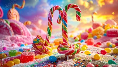 Whimsical Candy Cane Stilts Standing Amidst a Vibrant Candy Landscape
