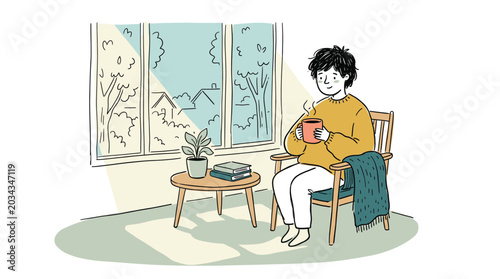 Fotografía A woman sits comfortably by the window enjoying a warm beverage on a chilly day surrounded by cozy home decor and a serene natural view