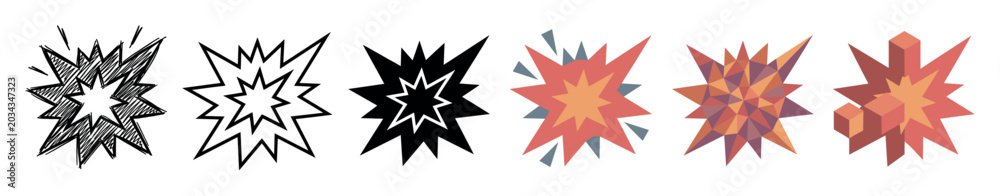 Obraz premium Explosion burst boom effect icons in various styles including doodle, outline, solid, flat, low poly, and isometric vector illustration