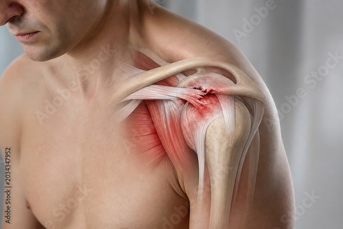 Man displays injured shoulder with exposed muscles and bones in a medical setting.