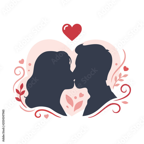 Romantic couple kissing in silhouette with heart and floral elements