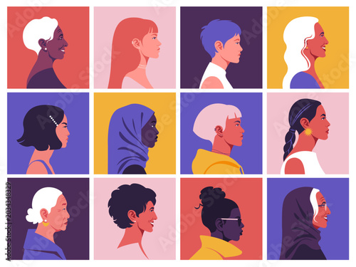 Modern flat vector illustration set of diverse women portraits in profile view. A multicultural collection. Different ages, ethnicities. International Women's Day, feminism, diversity.