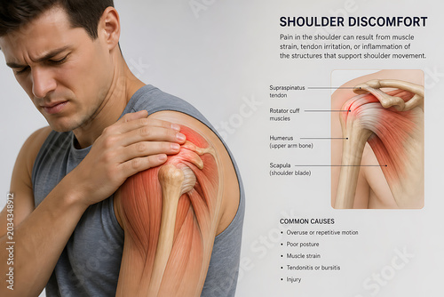 Man experiencing shoulder discomfort with pain in the muscles and tendons.