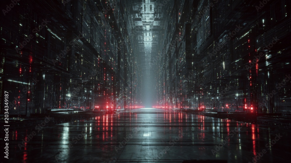 Naklejka premium Dark Cyber Chamber with Floating AI Core in a Mystical Environment Surrounded by Shadows and Glowing Lights