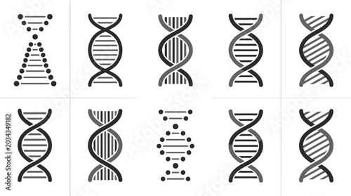 Schilderij op canvas Vector Illustration Set Featuring Diverse DNA Helix Strands and Genetic Molecule Icons in Dotted and Line Styles for Biotechnology, Medical Research, and Science Concepts
