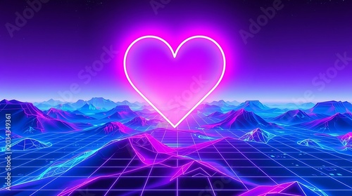 Vaporwave Glowing Heart with Cyber Grid Background
