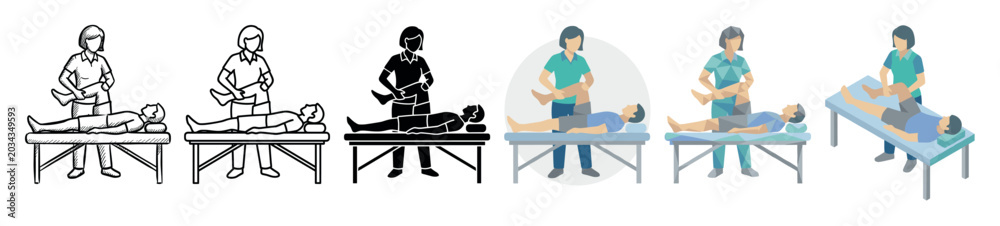 Fototapeta premium Physical therapist stretching patient's leg on examination table in various styles, including outline, glyph, flat, low poly, and isometric vector illustration set