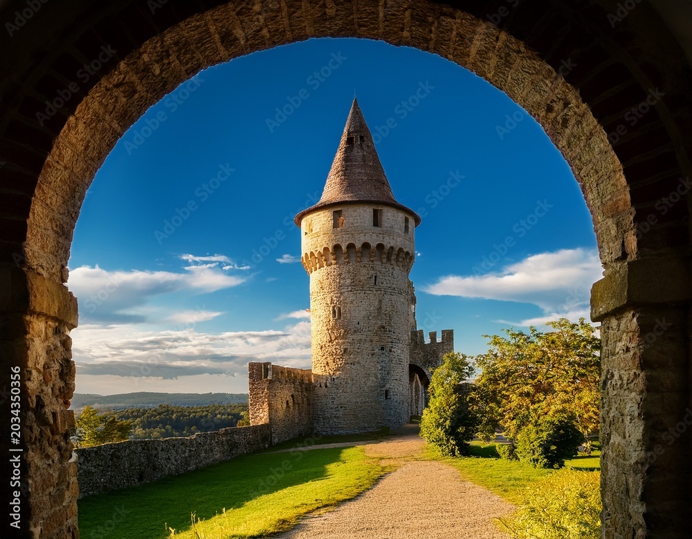 Fototapeta premium view of a historical castle tower through an arch at a historical site in sunny weather