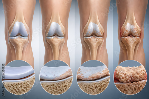 The human knee joint anatomy shows various stages of osteoarthritis progression in a medical illustration.