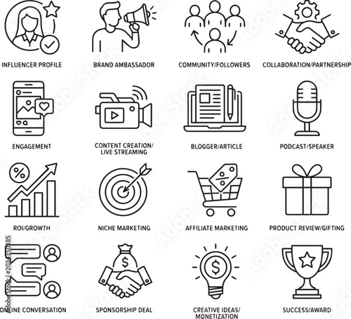 Key Opinion Leader KOL flat line icons set. Vector illustration of influencer profile, brand ambassador, followers community, collaboration, engagement, live streaming, blogger, podcast, ROI growth, n