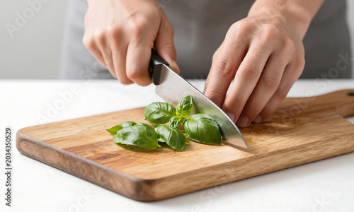 image fresh green basil leaves chopped chef knife worn wooden cutting board soft diffused studio lighting centered