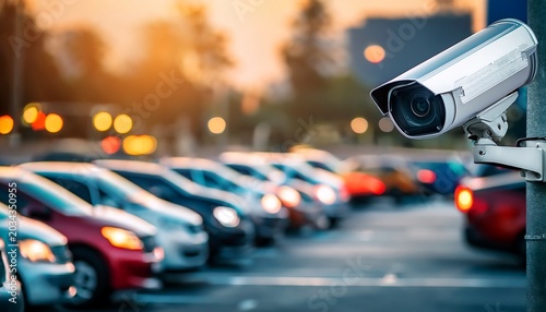 close up of traffic camera parking lot with row of cars in city street blurred bokeh