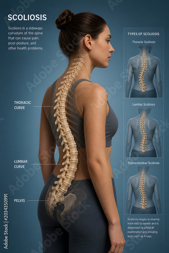A woman with scoliosis stands facing right showing her spine's curvature.
