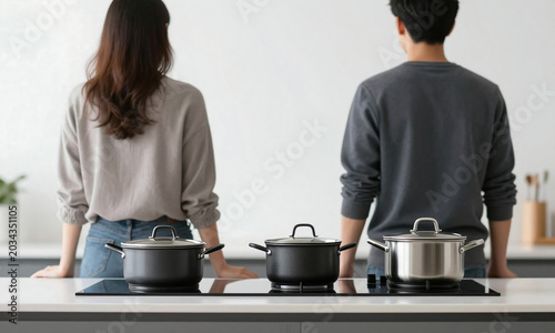 two adults standing side side facing away camera hands moving modern kitchen counter pots utensils visible