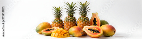 Canvas Print vibrant colorful tropical fruits pineapples mangoes arranged pyramid shape white