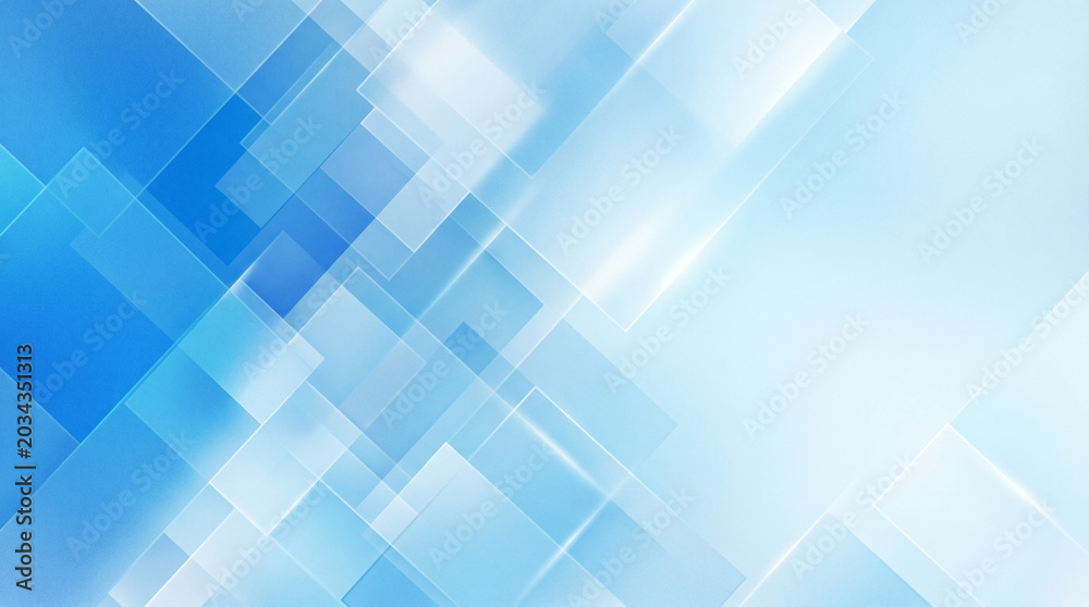 Obraz premium Abstract blue background with overlapping transparent squares and geometric shapes, soft light effect, modern tech design template