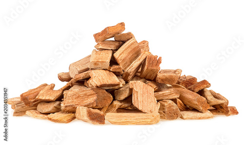 Pile of wood chips for smoking meat and fish isolated on a white background. Apple tree.