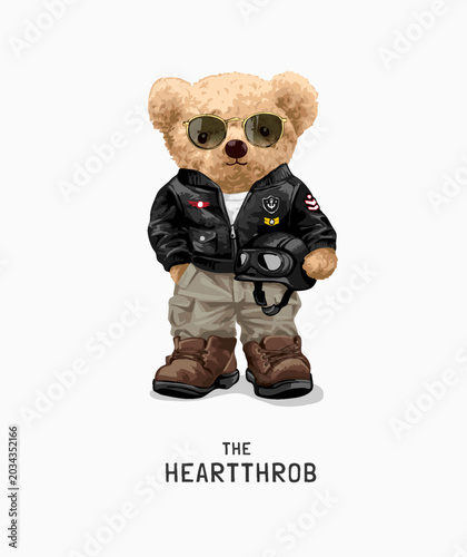 Photography bear doll in leather jacket and sunglasses vector illustration - drawn by hand n