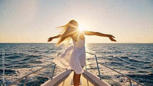 Happy Woman In White Dress Standing On Yacht Bow Enjoying Sunset