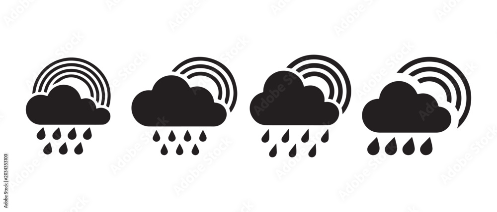 Fototapeta premium Set of four black cloud icons with rain and rainbow elements, simple weather symbols.
