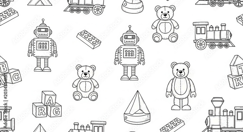 Obraz premium Seamless Black and White Hand Drawn Toy Pattern with Robots Teddy Bears Trains and Building Blocks for Kids