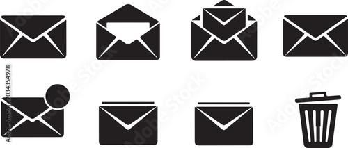Set of gray email and trash can icons on white background