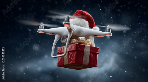 In the distance, high in the sky on Christmas night, drones can be seen delivering gifts to good children from Santa Claus.