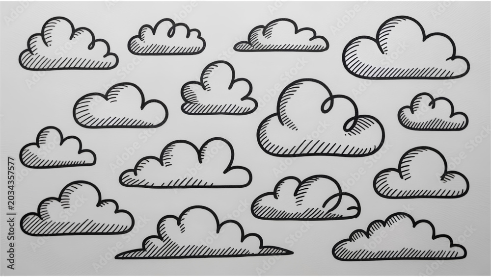 Fototapeta premium Collection of various hand drawn cloud illustrations in simple line art style
