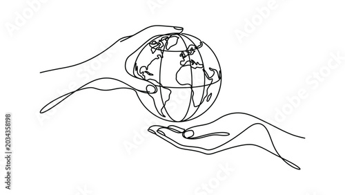Continuous line drawing of hands holding Earth.