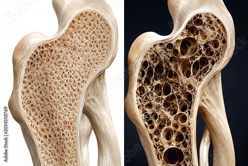 Scientific medical illustration comparing healthy bone structure with porous osteoporotic bone degeneration associated with aging and bone loss.