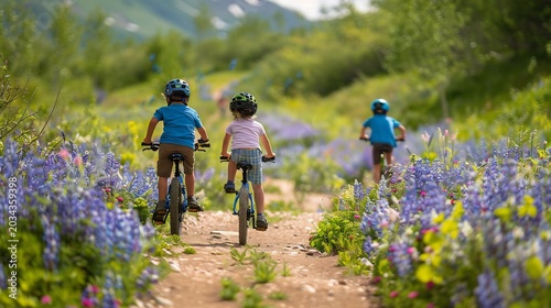 Trois enfants à vélo sur un sentier fleuri de montagne, symbolisant l'aventure en famille, les sorties nature et les souvenirs d'enfance pour la fête des pères.