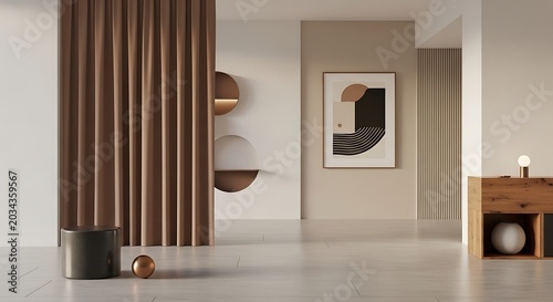Modern living room interior with vertical wall panels and wall art