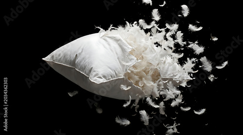 Soft white pillow exploding, a delicate cloud of feathers scattering across a dark backdrop, capturing the essence of comfort, weightlessness, and peaceful dreams