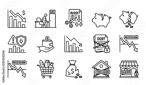 Tableau sur toile Rounded economic crisis outline icon set with recession and layoff pictograms