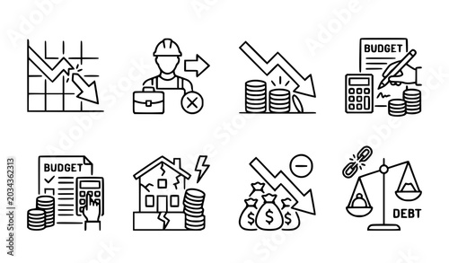Minimal economic crisis outline logo icon set with recession and financial decline symbols