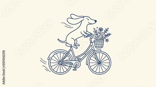 Bild auf Leinwand Cute dachshund dog riding a bicycle with a basket of flowers, handdrawn vector i