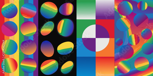 Abstract geometric shapes with rainbow stripes on black background vector illustration