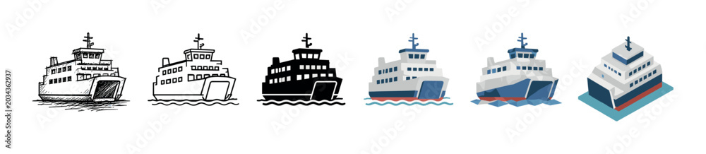 Obraz premium Ferry boat ship vessel icons in different styles including sketch, line, solid, flat, low poly, and isometric vector illustration