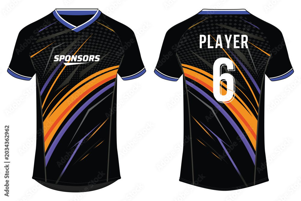 Naklejka premium Abstract Stripe V-Neck Sports Jersey Flat Sketch Vector Illustration with Front and Back View for Football, Cricket and Volleyball Uniform