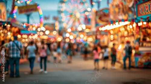 Blurred summer carnival fair with colorful rides glowing lights and walking crowd for festive amusement background use