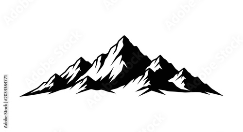 Black silhouette of rugged mountain range with sharp peaks on white background