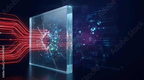 A futuristic cube with glowing lines and nodes emits light in a dark room with technology elements.