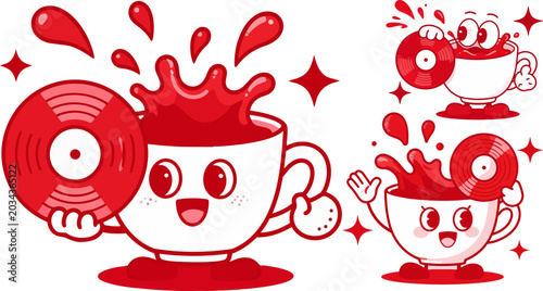 Foto Fun coffee cup characters, red illustrations, vinyl record design elements, quir
