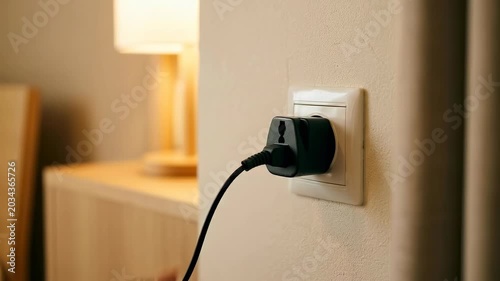 A compact black adapter plugs into a white wall socket, powering a bedside lamp and indicating connectivity in a modern room setting, emphasizing electrical access.