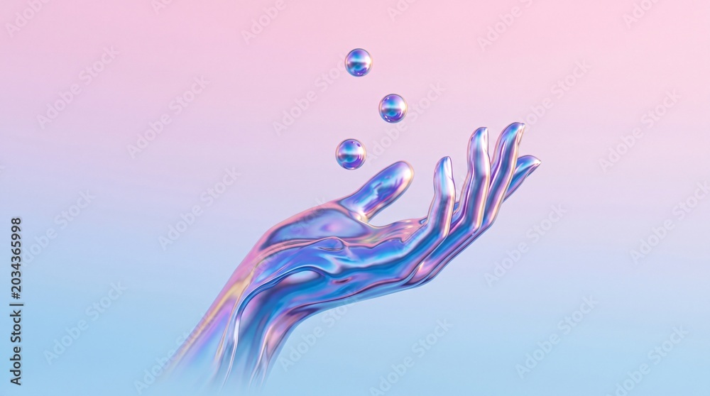 Fototapeta premium Holographic metallic hand holding levitating chrome spheres on pastel background.