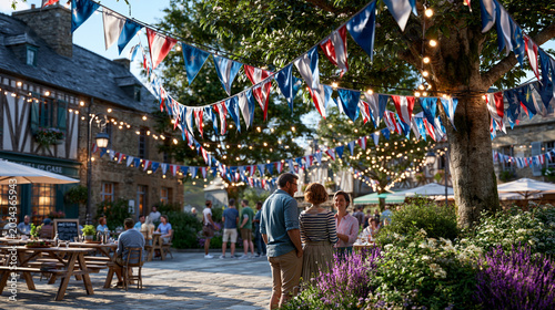 Sunny Bastille Day in a French village square with people gathering under blue white and red flags at a community celebration