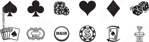 Photos Black outline casino gambling icon set with poker chips dice cards and gaming strategy symbols